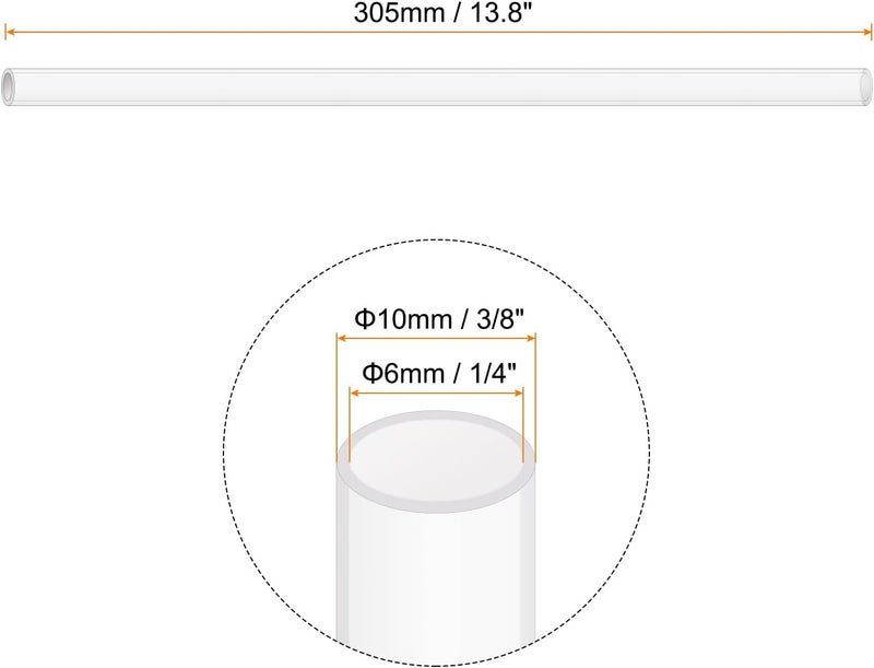 Rebower 12" Clear Plastic Rigid Pipe 6mm ID x 10mm OD (1/4" ID x 3/8" OD) Acrylic Round Polycarbonate Tubing, [for Plumbing, Hydraulics, Aquarium] - 4Pcs - Image 2